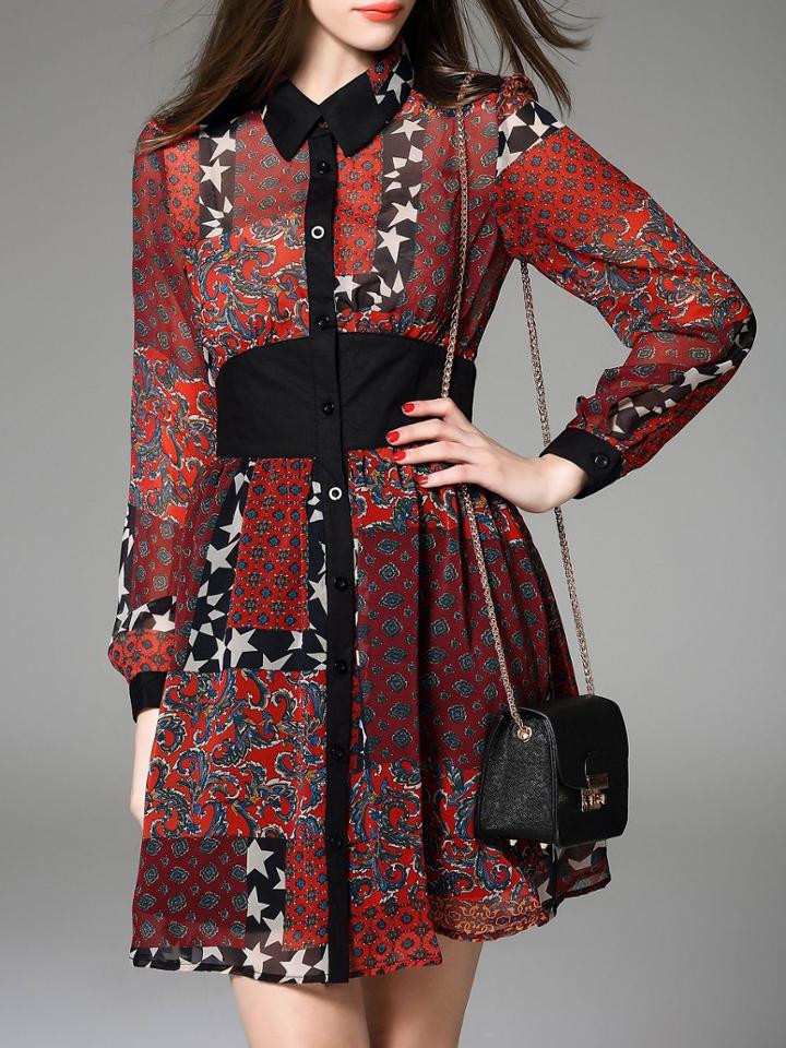 Shein Multicolor Lapel Print A-line Dress
