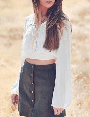 Shein White Tie-neck Bell Sleeve Lace Crop Blouse