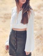 Shein White Tie-neck Bell Sleeve Lace Crop Blouse