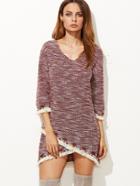 Shein Burgundy Marled Overlap Dress With Embroidered Tape And Fringe Detail