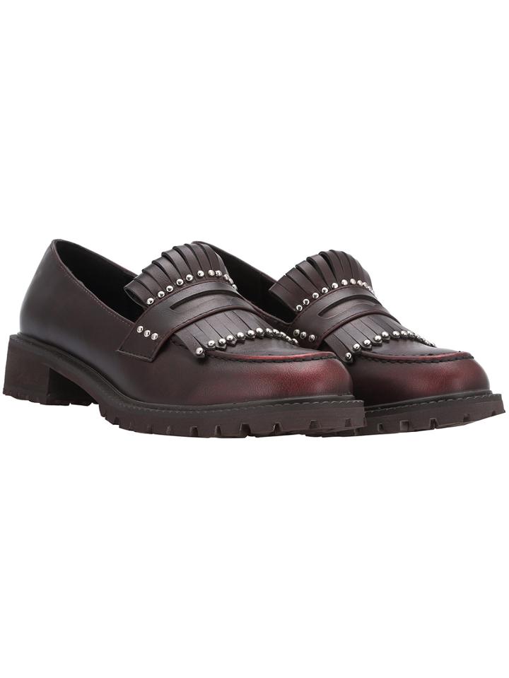 Shein Red Round Toe Studded Fringed Flats