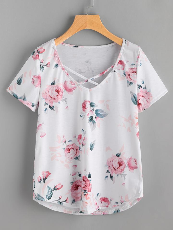 Shein Floral Print Crisscross Front Tee