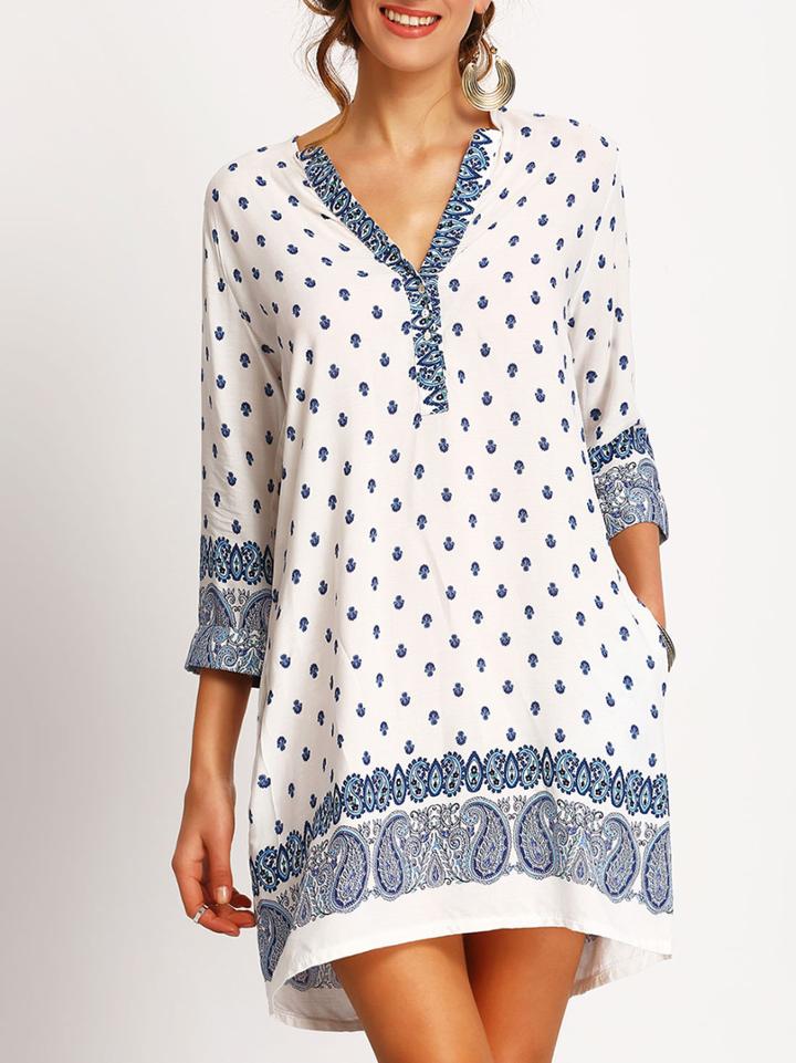 Shein White V Neck Paisley Print Tunic Dress