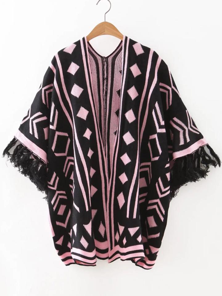 Shein Pink Geometric Pattern Fringe Cuff Cape Sweater