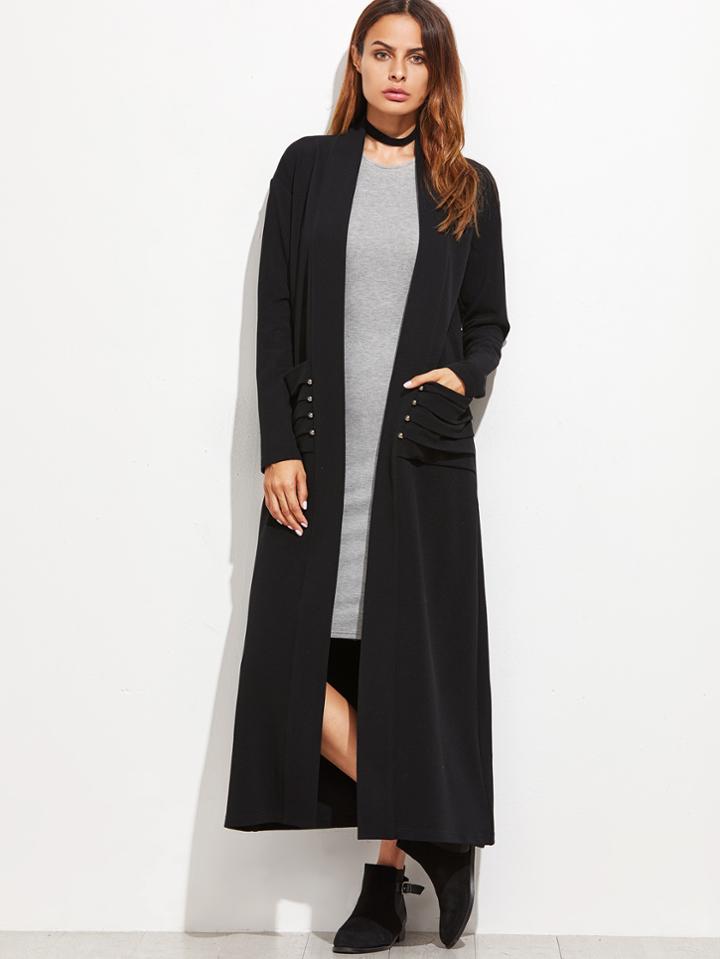 Shein Black Shawl Collar Pleated Pocket Duster Coat