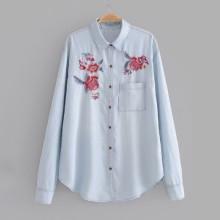Shein Embroidery Curved Hem Denim Shirt