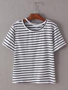 Shein Black And White Cutout Round Neck Stripe T-shirt