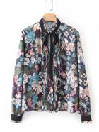 Shein Pleated Detail Tie Neck Floral Blouse