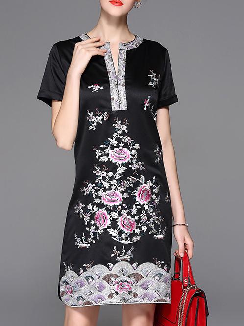 Shein Black V Neck Flowers Embroidered Sheath Dress