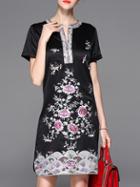 Shein Black V Neck Flowers Embroidered Sheath Dress