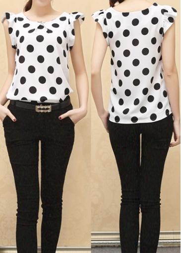 Rosewe Polka Dot Print White Chiffon Blouse