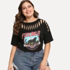 Shein Plus Letter & Animal Print Cut Out Tee