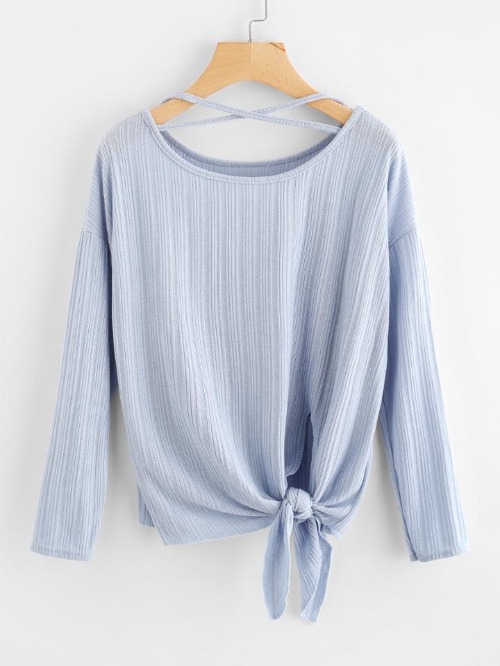 Shein Drop Shoulder Criss Cross Knotted Hem Tee