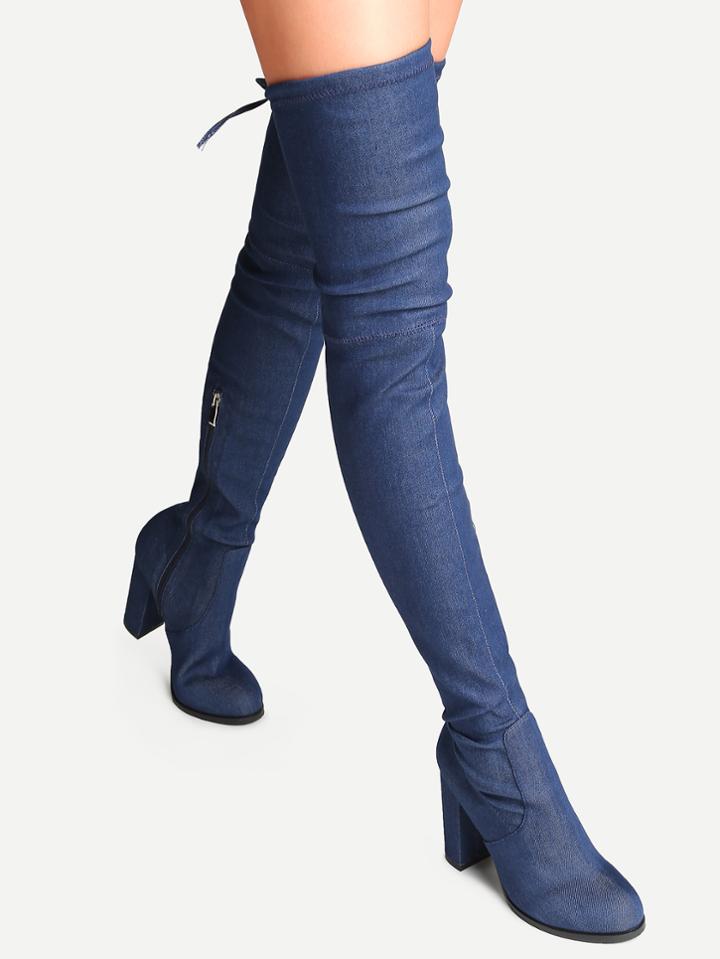 Shein Blue Denim Point Toe Tie Back Knee Boots