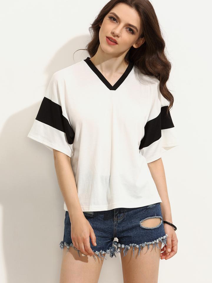 Shein Black And White V Neck Short Sleeve T-shirt