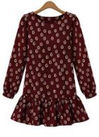 Rosewe Great Round Neck Printed A Line Dress Purplish Red