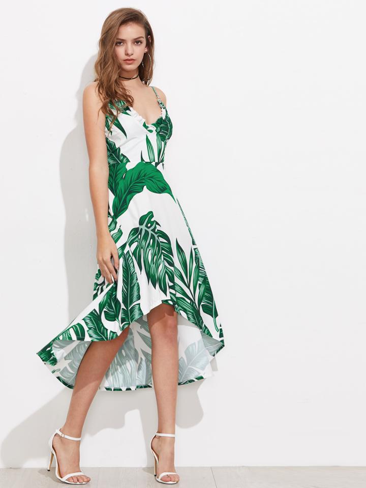 Shein Palm Leaf Print O-ring Frill Trim Dip Hem Dress