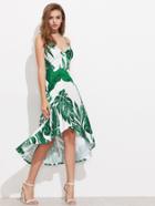Shein Palm Leaf Print O-ring Frill Trim Dip Hem Dress