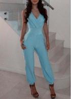 Rosewe V Neck Sleeveless Blue High Waist Jumpsuit