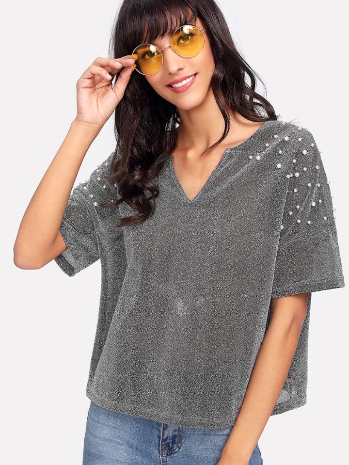 Shein V Cut Neck Pearl Beading Sparkle Tee