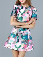 Shein Multicolor Round Neck Short Sleeve Floral Print Dress