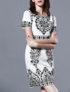 Shein Black White Short Sleeve Embroidered Bodycon Dress