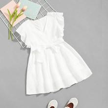 Shein Girls Embroidered Eyelet Belted Ruffle Dress