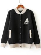 Shein Black Varsity Knitted Bomber Jacket With Pocket