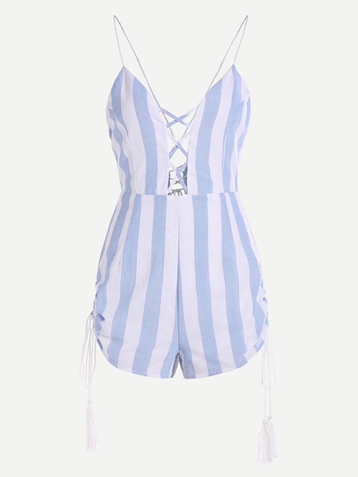 Shein Contrast Striped Criss Cross Front Playsuit With Fringe