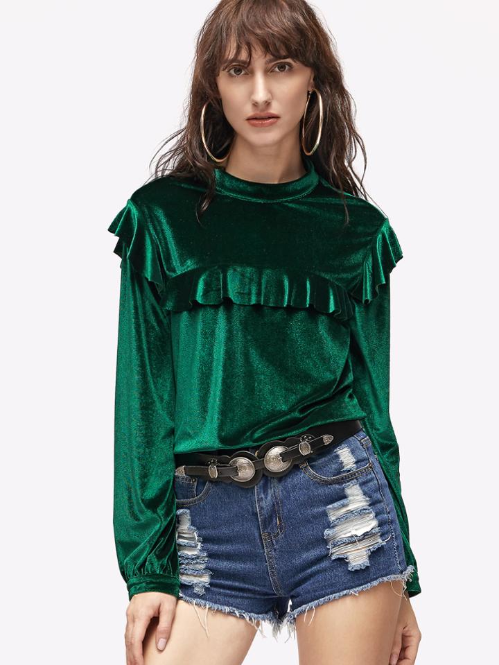 Shein Green Buttoned Keyhole Back Velvet Ruffle Top