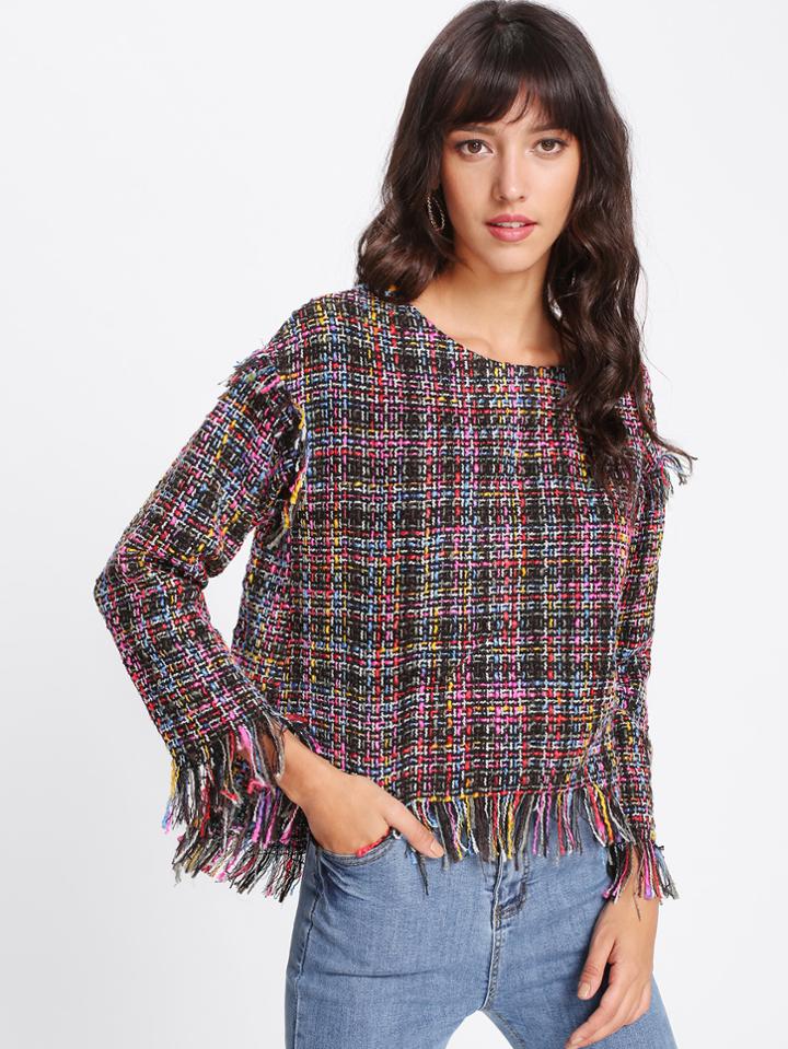 Shein Fringe Trim Dip Hem Tweed Top
