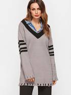 Shein Contrast Trim V Neck Striped Sleeve Ripped Sweater