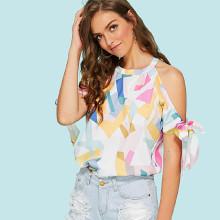 Shein Geo Print Open Shoulder Knot Top