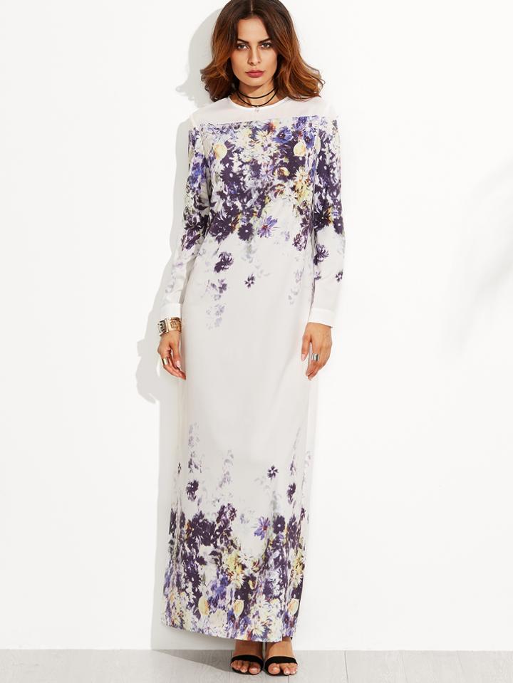 Shein White Florals Long Sleeve Zipper Back Maxi Dress