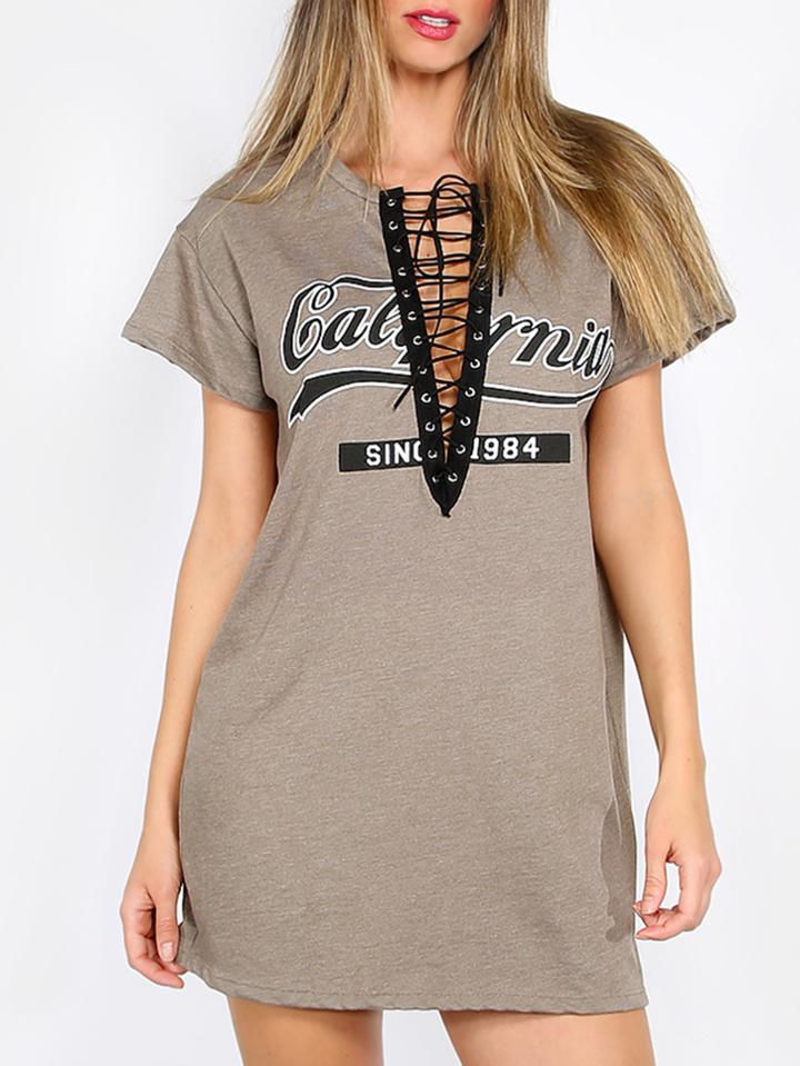 Shein Coffee Lace Up Front Short Sleeve Dress