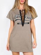 Shein Coffee Lace Up Front Short Sleeve Dress