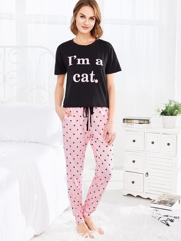 Shein Letter Print Tee And Star Pants Pj Set