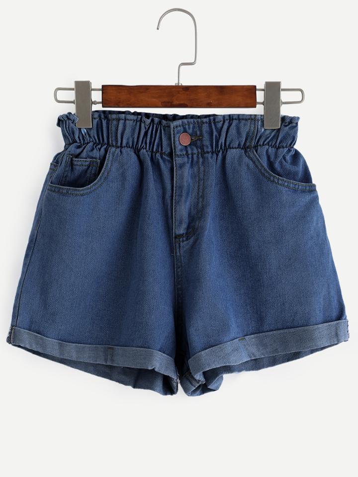 Shein Elastic Waist Roll Cuff Denim Shorts