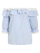 Shein Ruffled Off-the-shoulder Vertical Striped Top - Blue