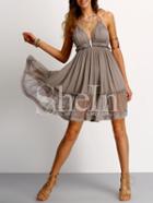 Shein Coffee Halter Neck Lace Ruffled Hem Dress