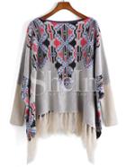 Shein Grey Long Sleeve Vintage Print Tassel Sweater