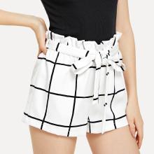 Shein Belted Ruffle Waist Grid Shorts