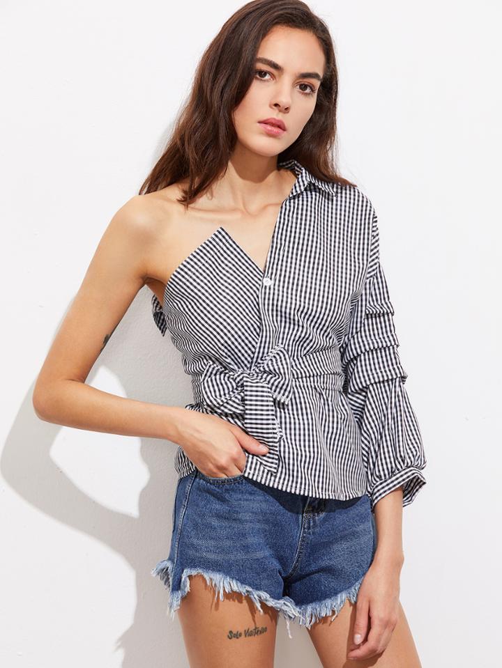 Shein One Shoulder Asymmetrical Self Tie Gingham Blouse