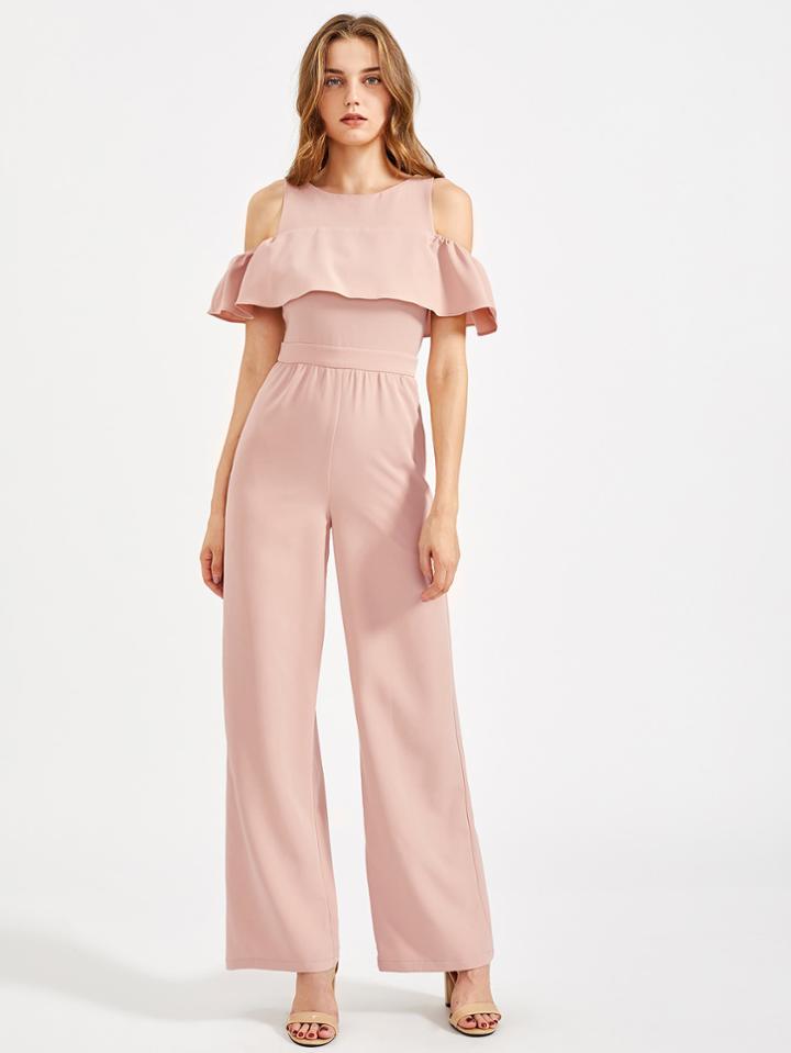 Shein Open Shoulder Flounce Trim Tailored Palazzo Jumpsuit