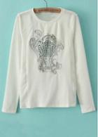 Rosewe Chic Long Sleeve White T Shirts With Embroidered Flower