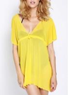 Rosewe New Arrival Batwing Sleeve V Neck Yellow Mini Dress