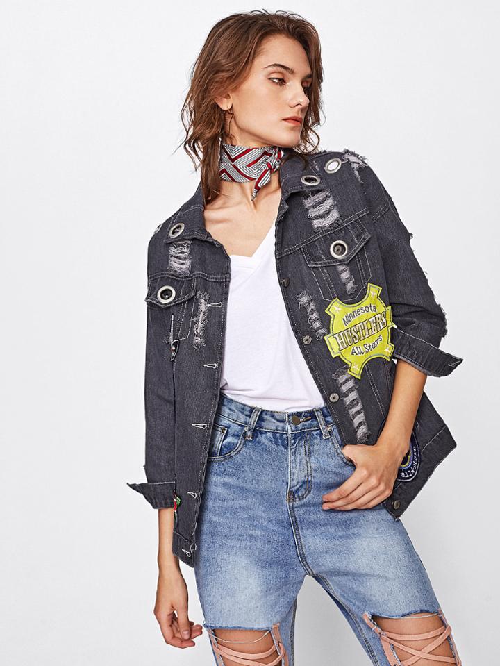Shein Metal Grommet Detail Ripped Denim Jacket With Badges