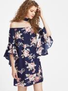 Shein Bardot Floral Print Trumpet Sleeve Romper