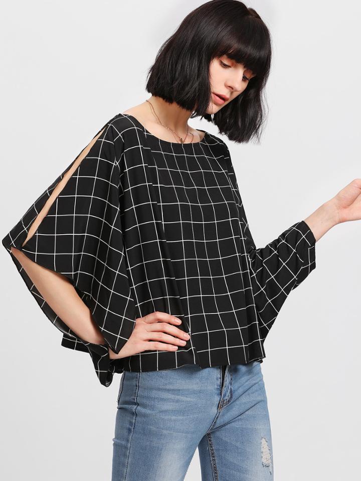 Shein Split Dolman Sleeve Grid Top