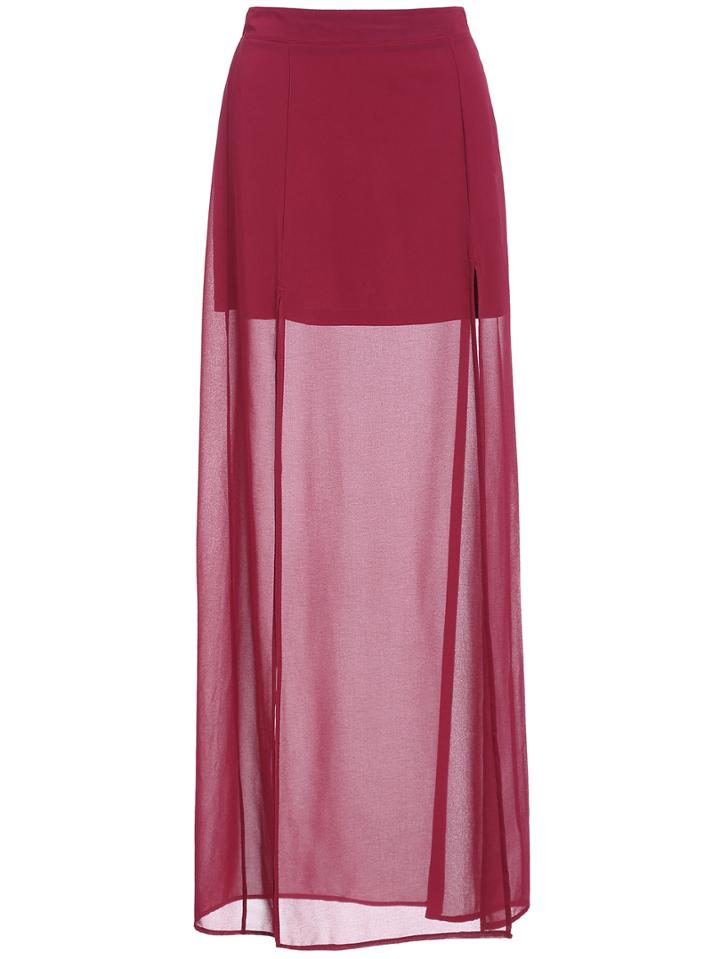 Shein Red Split Sheer Chiffon Skirt